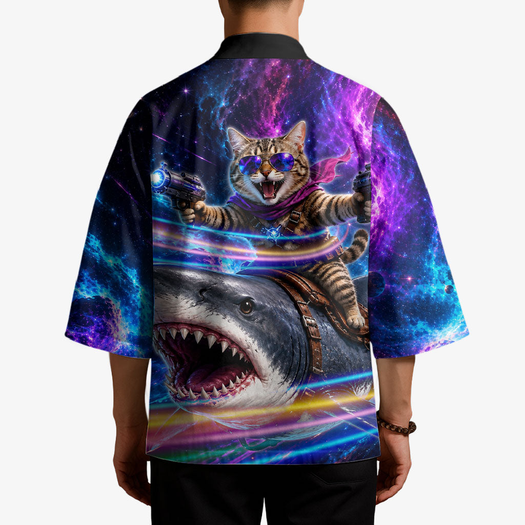 Cat Riding Shark In Space Kimono Funny Cosmic Laser Cat And Shark Surreal Sci-Fi