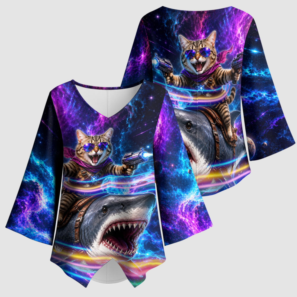 Cat Riding Shark In Space Kimono Sleeve Blouse Funny Cosmic Laser Cat And Shark Surreal Sci-Fi
