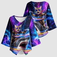 Cat Riding Shark In Space Kimono Sleeve Blouse Funny Cosmic Laser Cat And Shark Surreal Sci-Fi