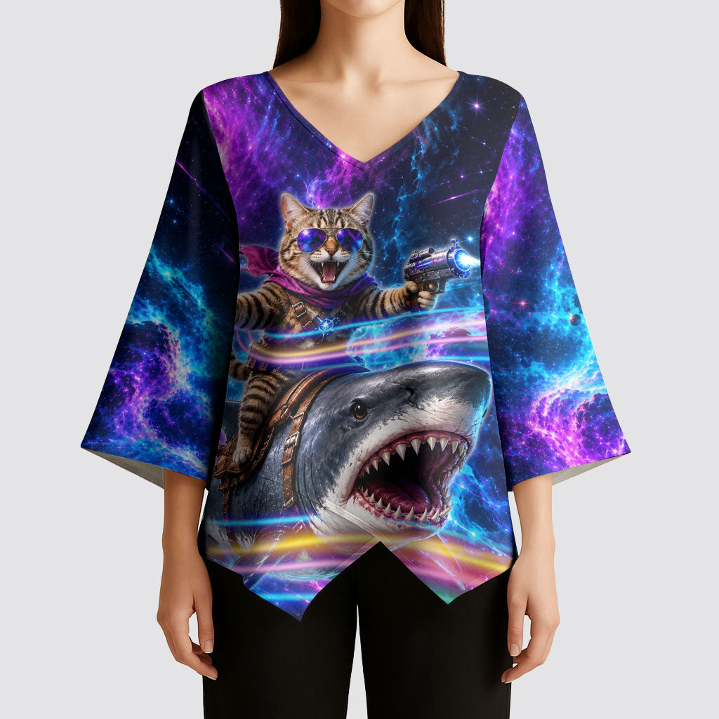 Cat Riding Shark In Space Kimono Sleeve Blouse Funny Cosmic Laser Cat And Shark Surreal Sci-Fi