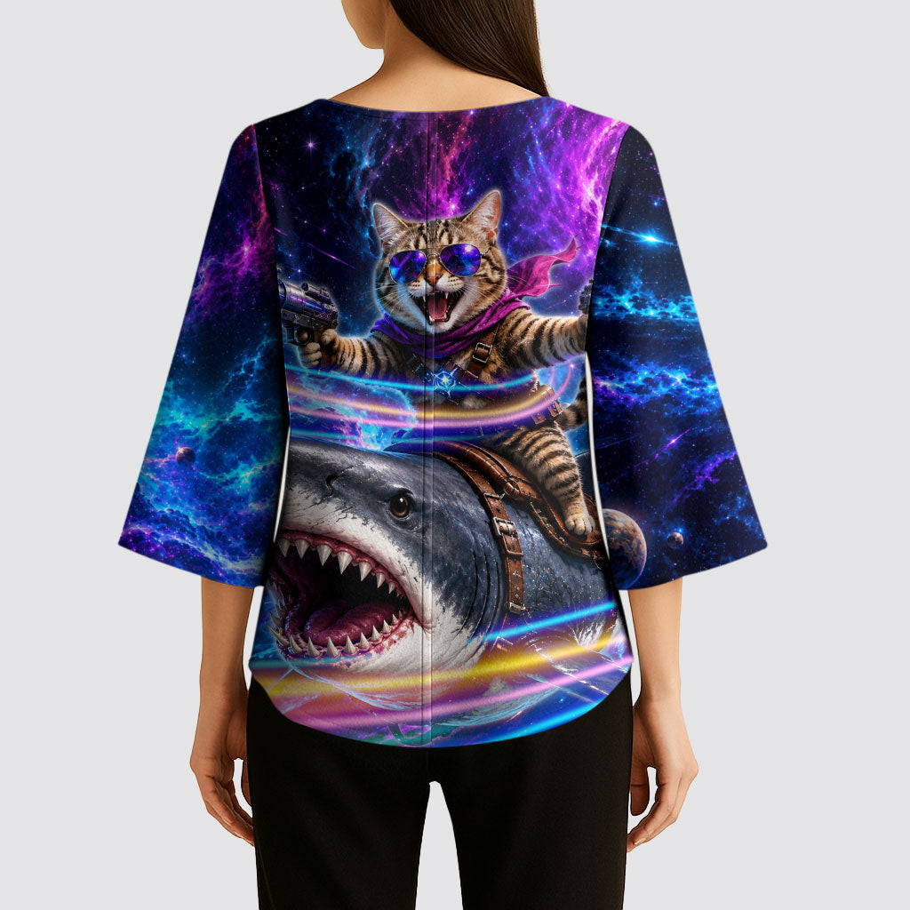 Cat Riding Shark In Space Kimono Sleeve Blouse Funny Cosmic Laser Cat And Shark Surreal Sci-Fi