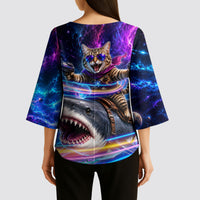 Cat Riding Shark In Space Kimono Sleeve Blouse Funny Cosmic Laser Cat And Shark Surreal Sci-Fi