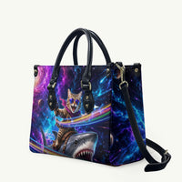 Cat Riding Shark In Space Leather Bag Funny Cosmic Laser Cat And Shark Surreal Sci-Fi