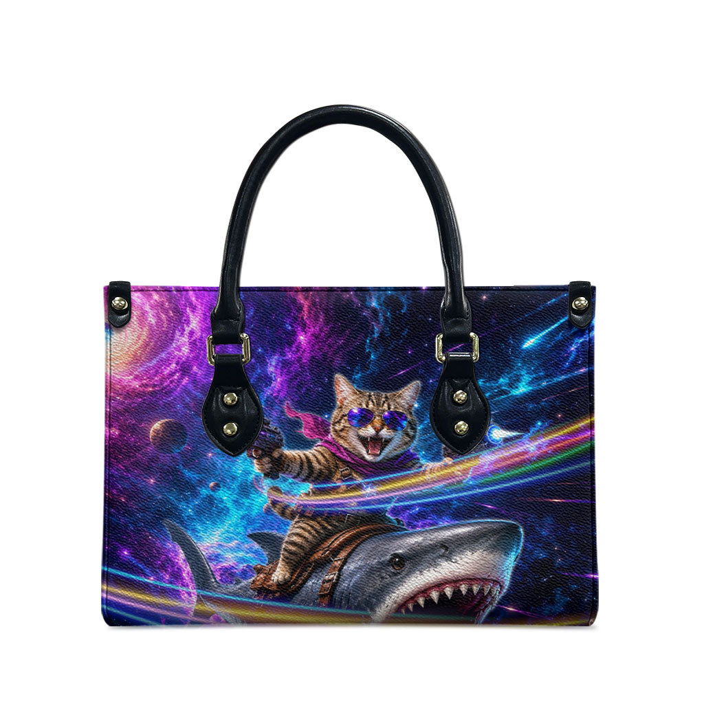 Cat Riding Shark In Space Leather Bag Funny Cosmic Laser Cat And Shark Surreal Sci-Fi