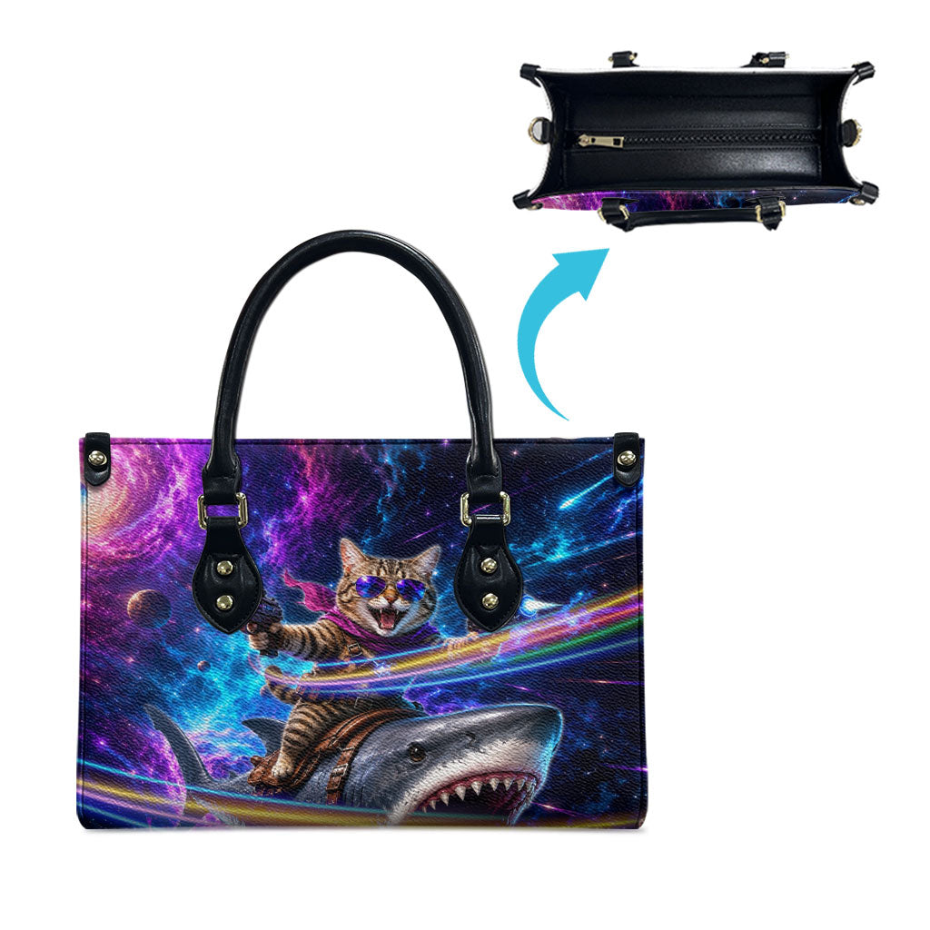 Cat Riding Shark In Space Leather Bag Funny Cosmic Laser Cat And Shark Surreal Sci-Fi