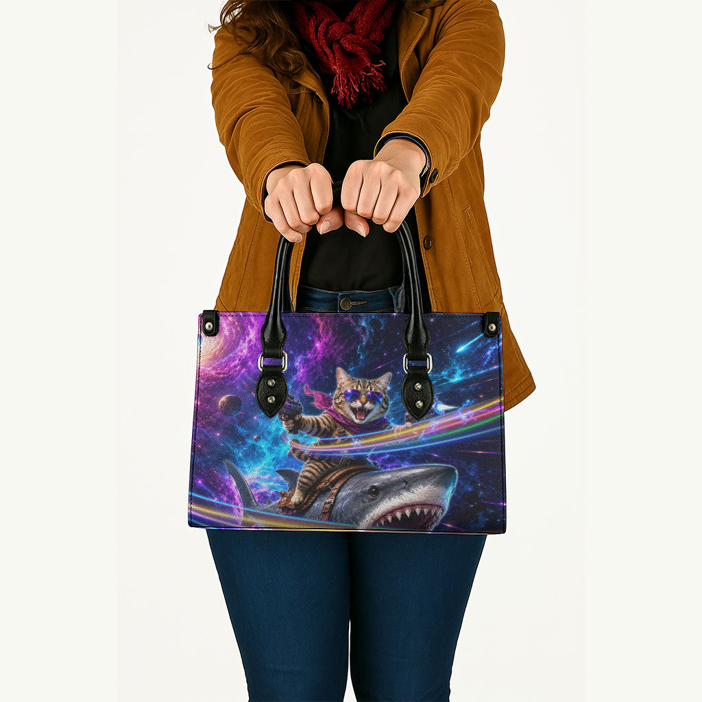 Cat Riding Shark In Space Leather Bag Funny Cosmic Laser Cat And Shark Surreal Sci-Fi