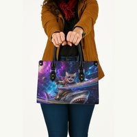 Cat Riding Shark In Space Leather Bag Funny Cosmic Laser Cat And Shark Surreal Sci-Fi