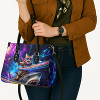 Cat Riding Shark In Space Leather Bag Funny Cosmic Laser Cat And Shark Surreal Sci-Fi