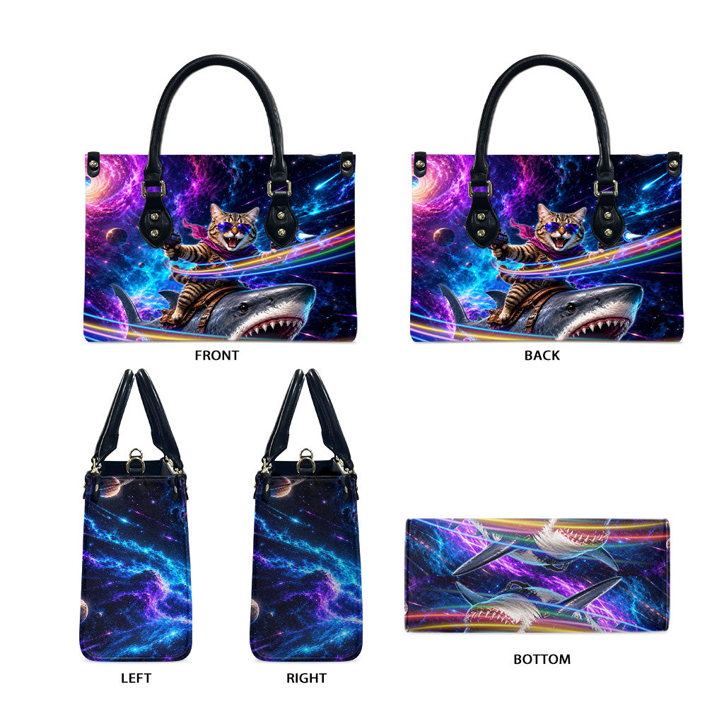 Cat Riding Shark In Space Leather Bag Funny Cosmic Laser Cat And Shark Surreal Sci-Fi