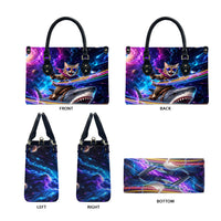 Cat Riding Shark In Space Leather Bag Funny Cosmic Laser Cat And Shark Surreal Sci-Fi