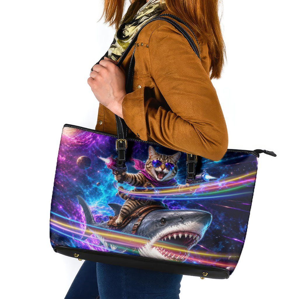 Cat Riding Shark In Space Leather Tote Bag Funny Cosmic Laser Cat And Shark Surreal Sci-Fi