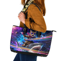 Cat Riding Shark In Space Leather Tote Bag Funny Cosmic Laser Cat And Shark Surreal Sci-Fi