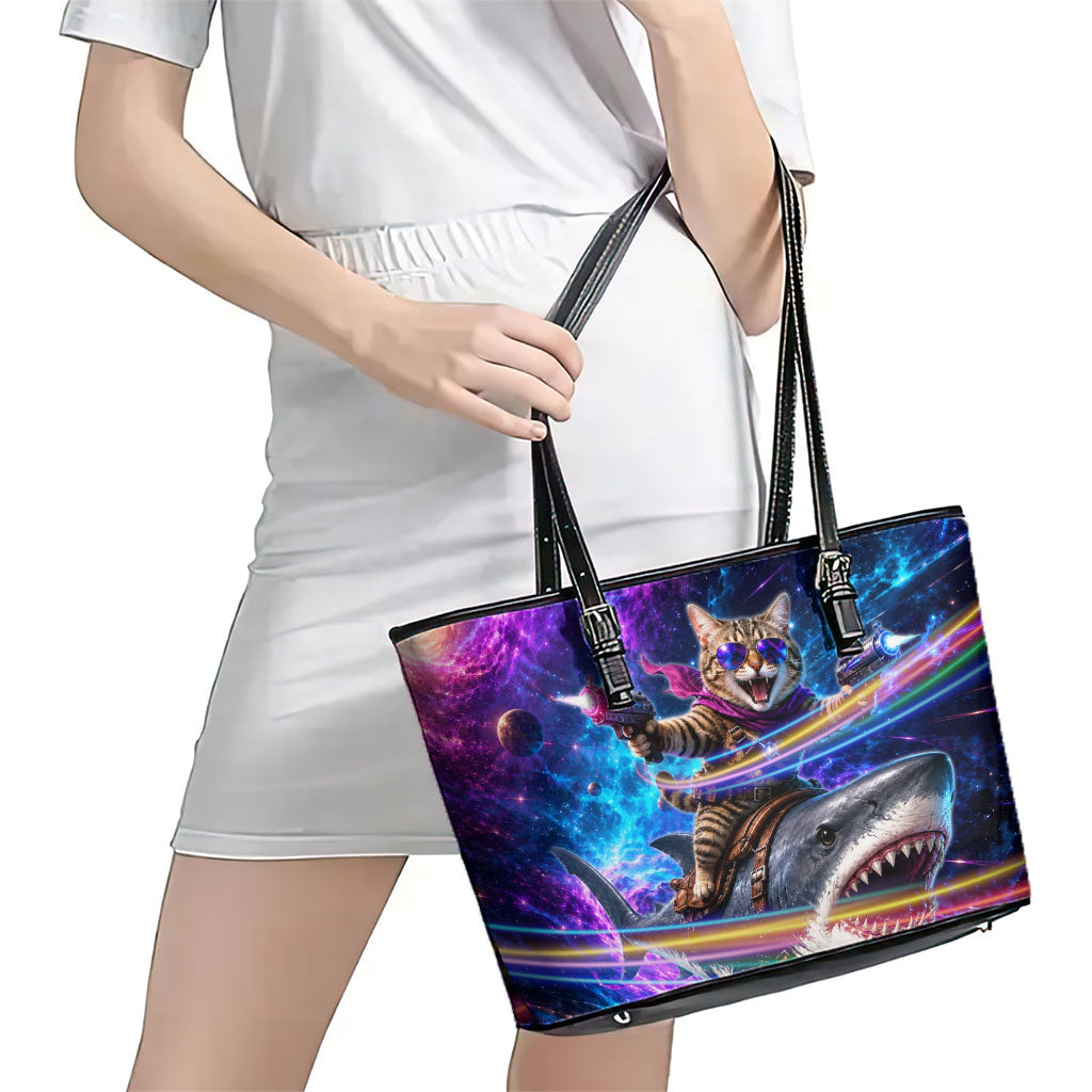 Cat Riding Shark In Space Leather Tote Bag Funny Cosmic Laser Cat And Shark Surreal Sci-Fi