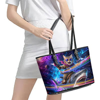 Cat Riding Shark In Space Leather Tote Bag Funny Cosmic Laser Cat And Shark Surreal Sci-Fi