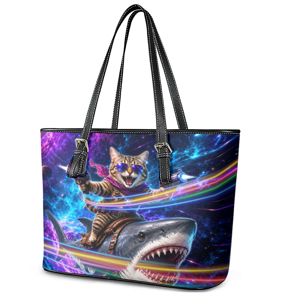 Cat Riding Shark In Space Leather Tote Bag Funny Cosmic Laser Cat And Shark Surreal Sci-Fi