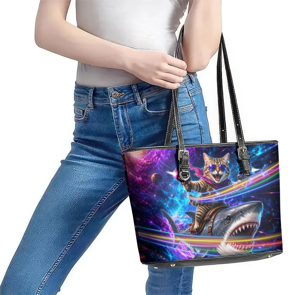 Cat Riding Shark In Space Leather Tote Bag Funny Cosmic Laser Cat And Shark Surreal Sci-Fi