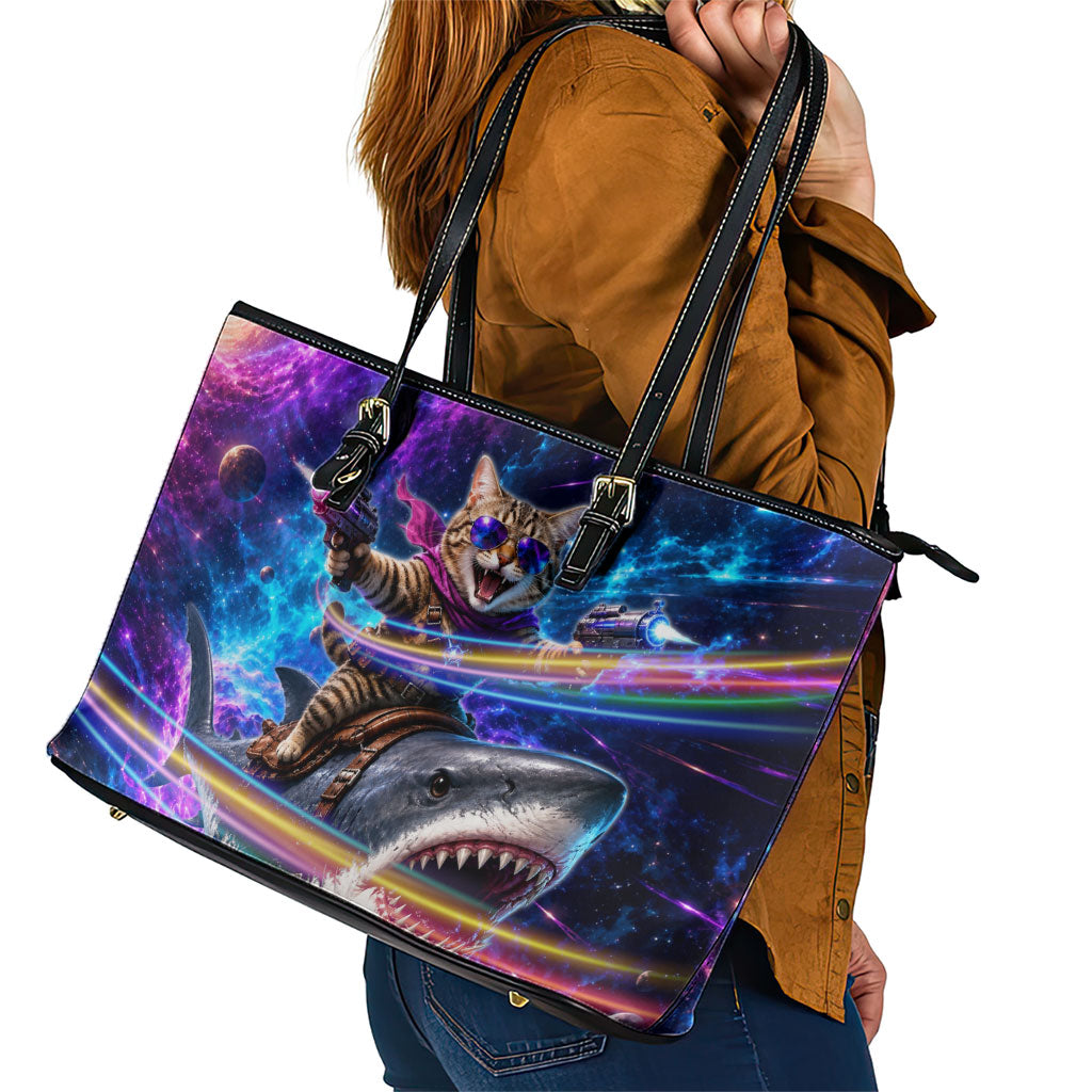 Cat Riding Shark In Space Leather Tote Bag Funny Cosmic Laser Cat And Shark Surreal Sci-Fi