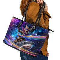 Cat Riding Shark In Space Leather Tote Bag Funny Cosmic Laser Cat And Shark Surreal Sci-Fi