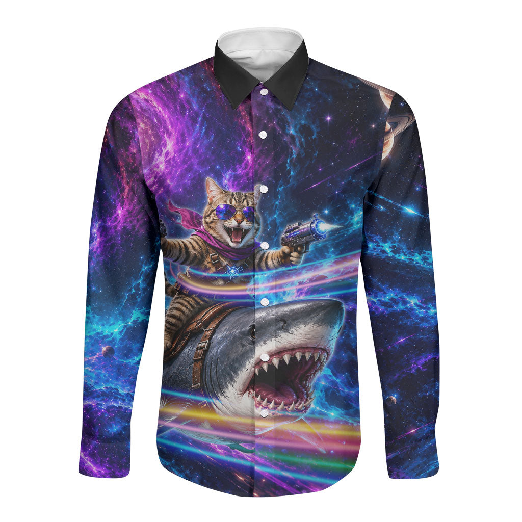 Cat Riding Shark In Space Long Sleeve Button Shirt Funny Cosmic Laser Cat And Shark Surreal Sci-Fi