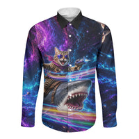 Cat Riding Shark In Space Long Sleeve Button Shirt Funny Cosmic Laser Cat And Shark Surreal Sci-Fi