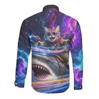 Cat Riding Shark In Space Long Sleeve Button Shirt Funny Cosmic Laser Cat And Shark Surreal Sci-Fi