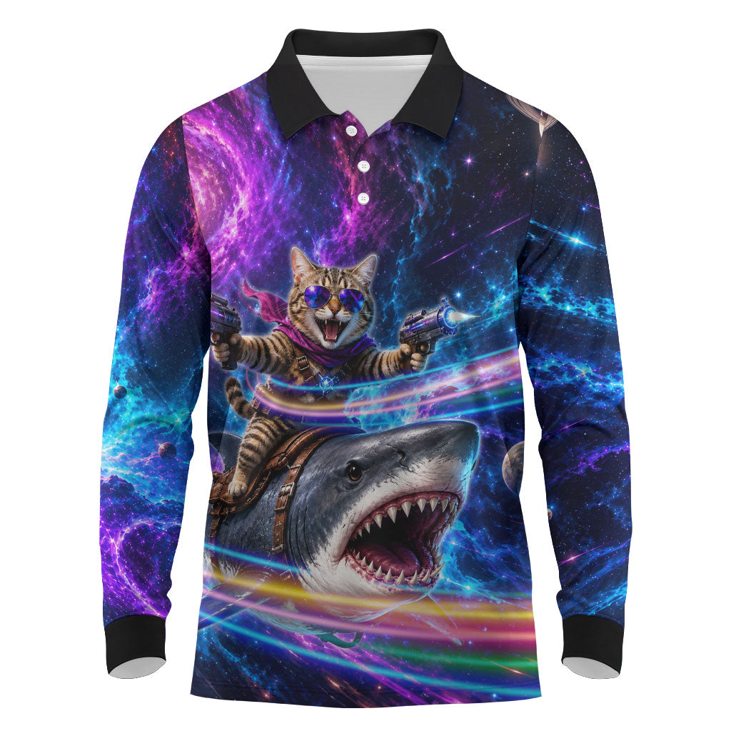 Cat Riding Shark In Space Long Sleeve Polo Shirt Funny Cosmic Laser Cat And Shark Surreal Sci-Fi