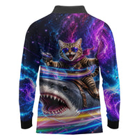 Cat Riding Shark In Space Long Sleeve Polo Shirt Funny Cosmic Laser Cat And Shark Surreal Sci-Fi