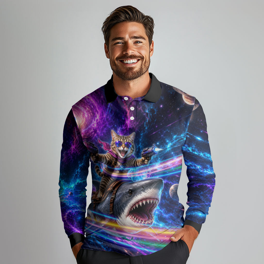 Cat Riding Shark In Space Long Sleeve Polo Shirt Funny Cosmic Laser Cat And Shark Surreal Sci-Fi