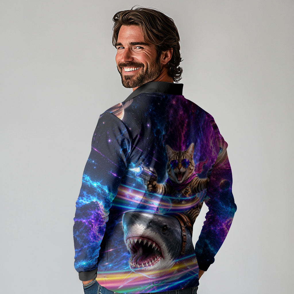 Cat Riding Shark In Space Long Sleeve Polo Shirt Funny Cosmic Laser Cat And Shark Surreal Sci-Fi