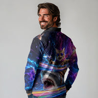 Cat Riding Shark In Space Long Sleeve Polo Shirt Funny Cosmic Laser Cat And Shark Surreal Sci-Fi