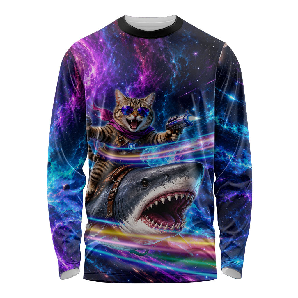 Cat Riding Shark In Space Long Sleeve Shirt Funny Cosmic Laser Cat And Shark Surreal Sci-Fi