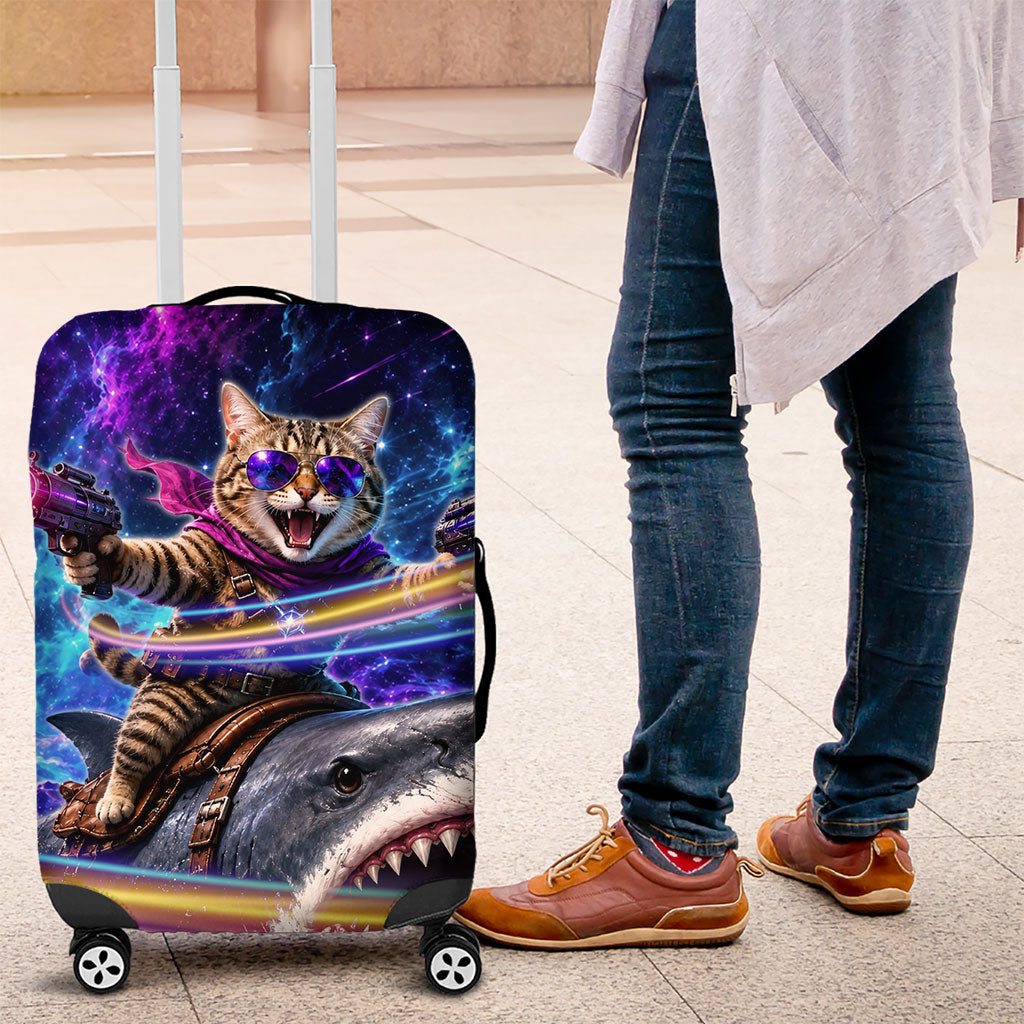 Cat Riding Shark In Space Luggage Cover Funny Cosmic Laser Cat And Shark Surreal Sci-Fi
