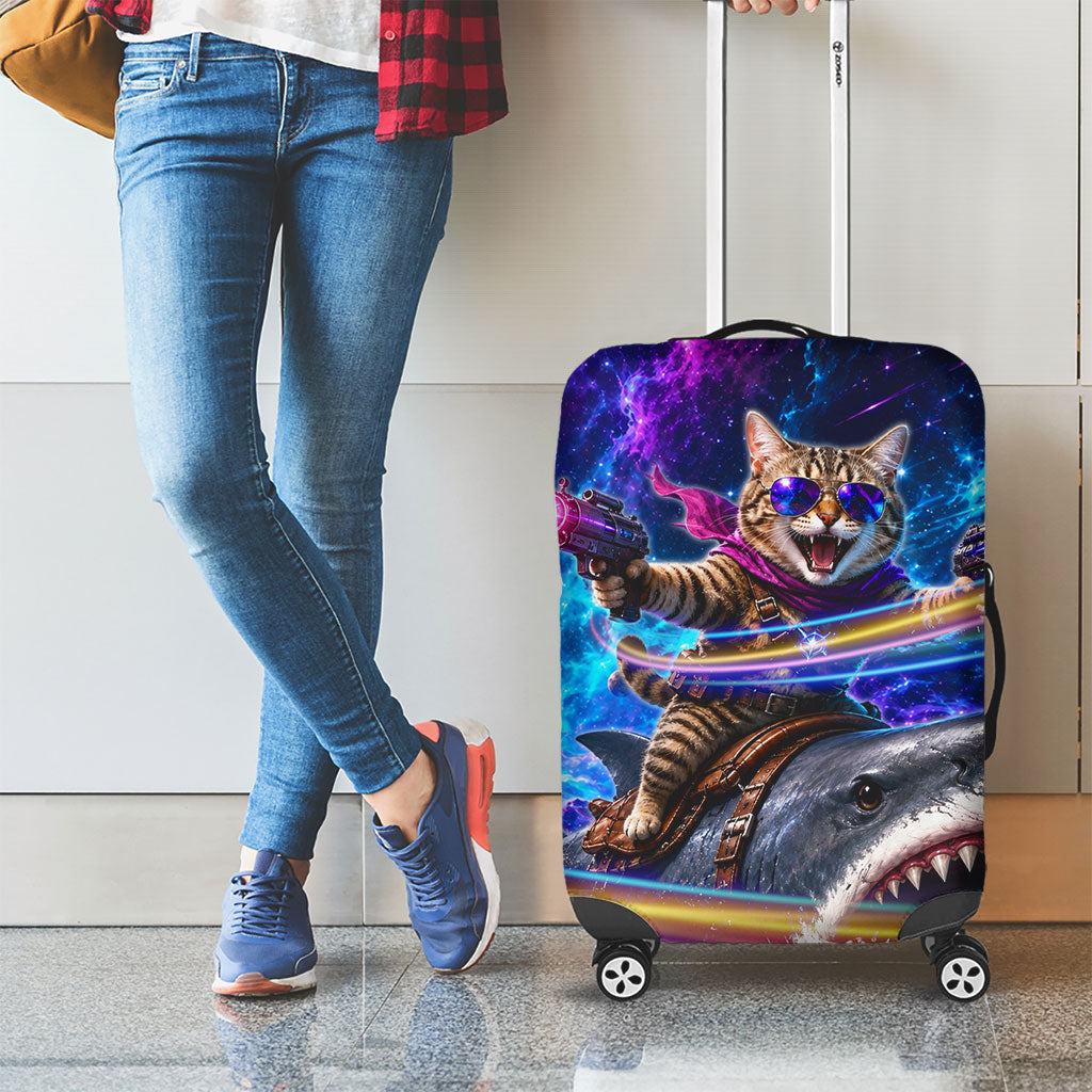 Cat Riding Shark In Space Luggage Cover Funny Cosmic Laser Cat And Shark Surreal Sci-Fi