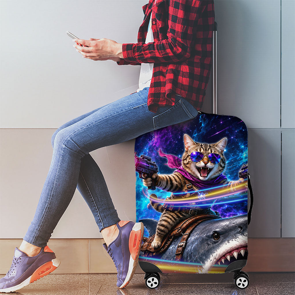 Cat Riding Shark In Space Luggage Cover Funny Cosmic Laser Cat And Shark Surreal Sci-Fi