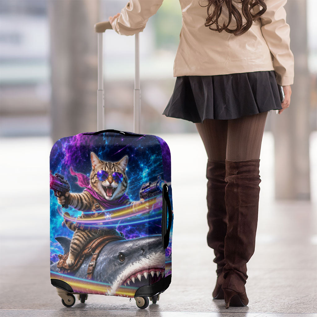 Cat Riding Shark In Space Luggage Cover Funny Cosmic Laser Cat And Shark Surreal Sci-Fi