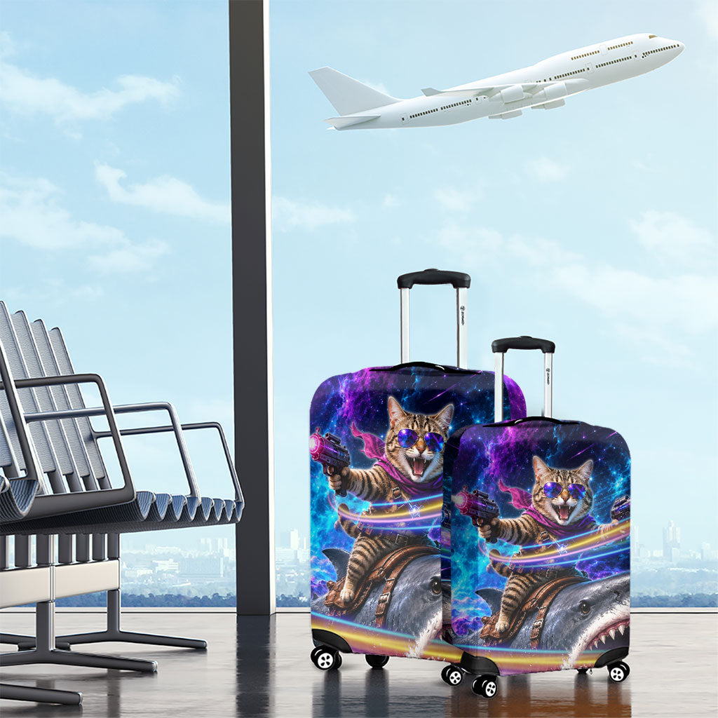 Cat Riding Shark In Space Luggage Cover Funny Cosmic Laser Cat And Shark Surreal Sci-Fi