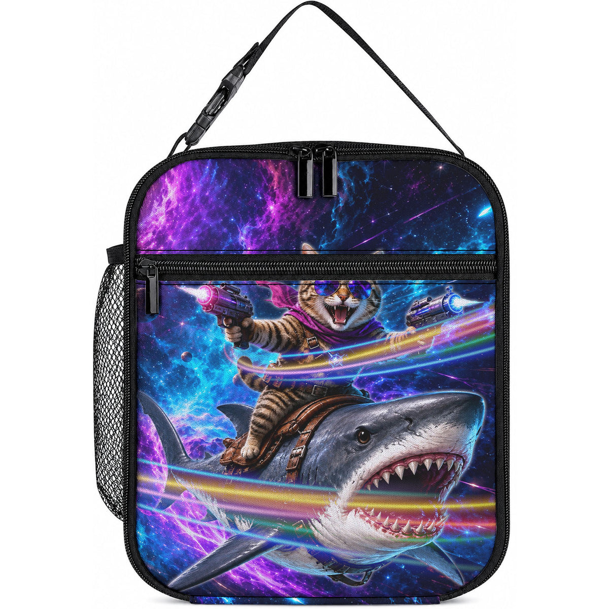 Cat Riding Shark In Space Lunch Bag Funny Cosmic Laser Cat And Shark Surreal Sci-Fi