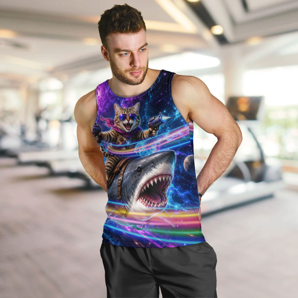 Cat Riding Shark In Space Men Tank Top Funny Cosmic Laser Cat And Shark Surreal Sci-Fi