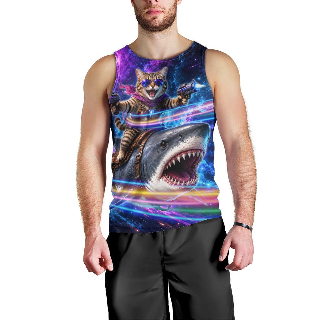 Cat Riding Shark In Space Men Tank Top Funny Cosmic Laser Cat And Shark Surreal Sci-Fi