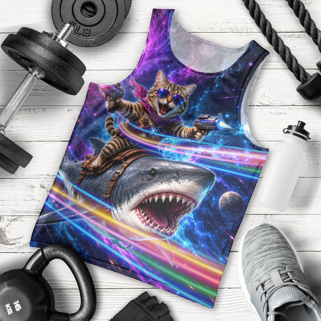 Cat Riding Shark In Space Men Tank Top Funny Cosmic Laser Cat And Shark Surreal Sci-Fi