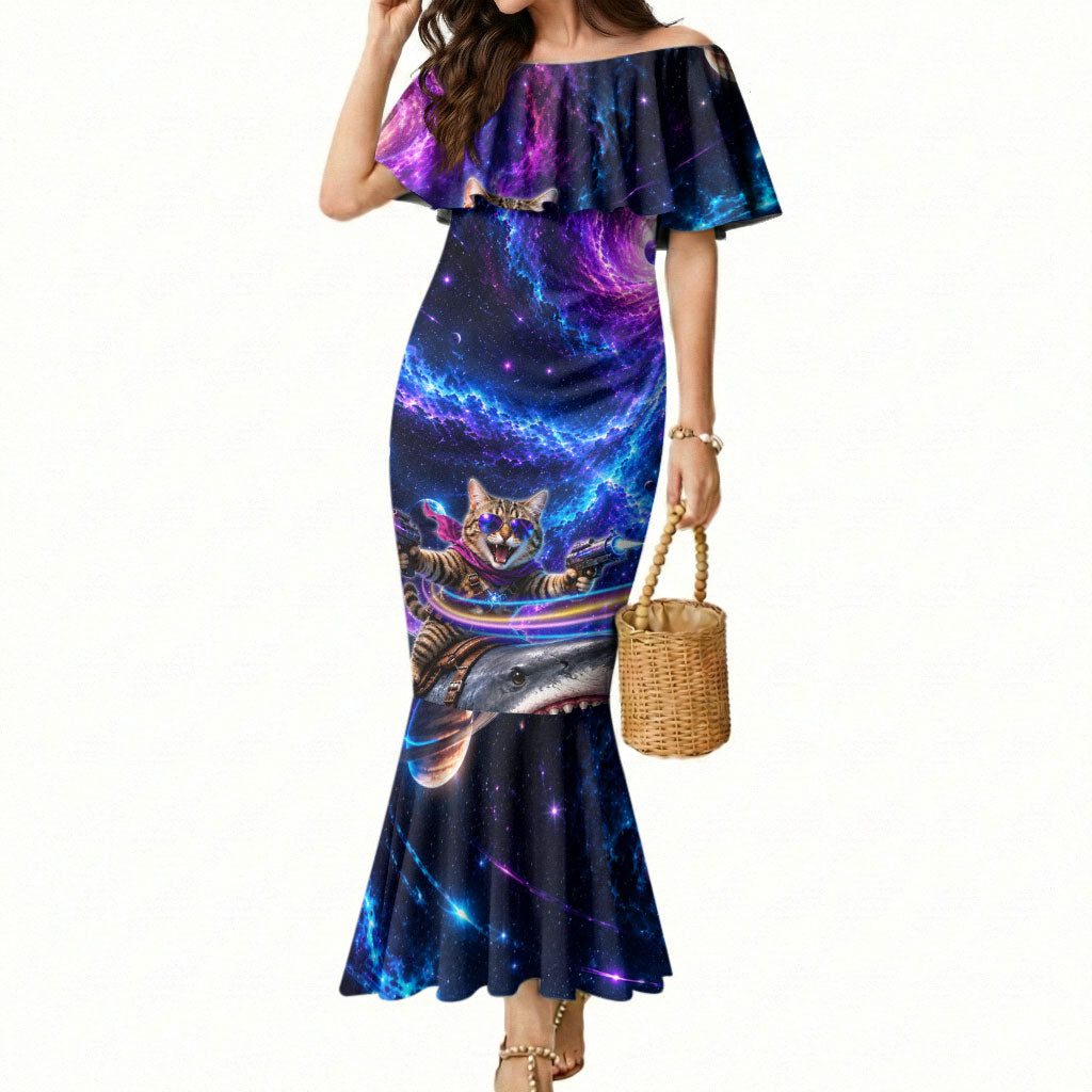 Cat Riding Shark In Space Mermaid Dress Funny Cosmic Laser Cat And Shark Surreal Sci-Fi