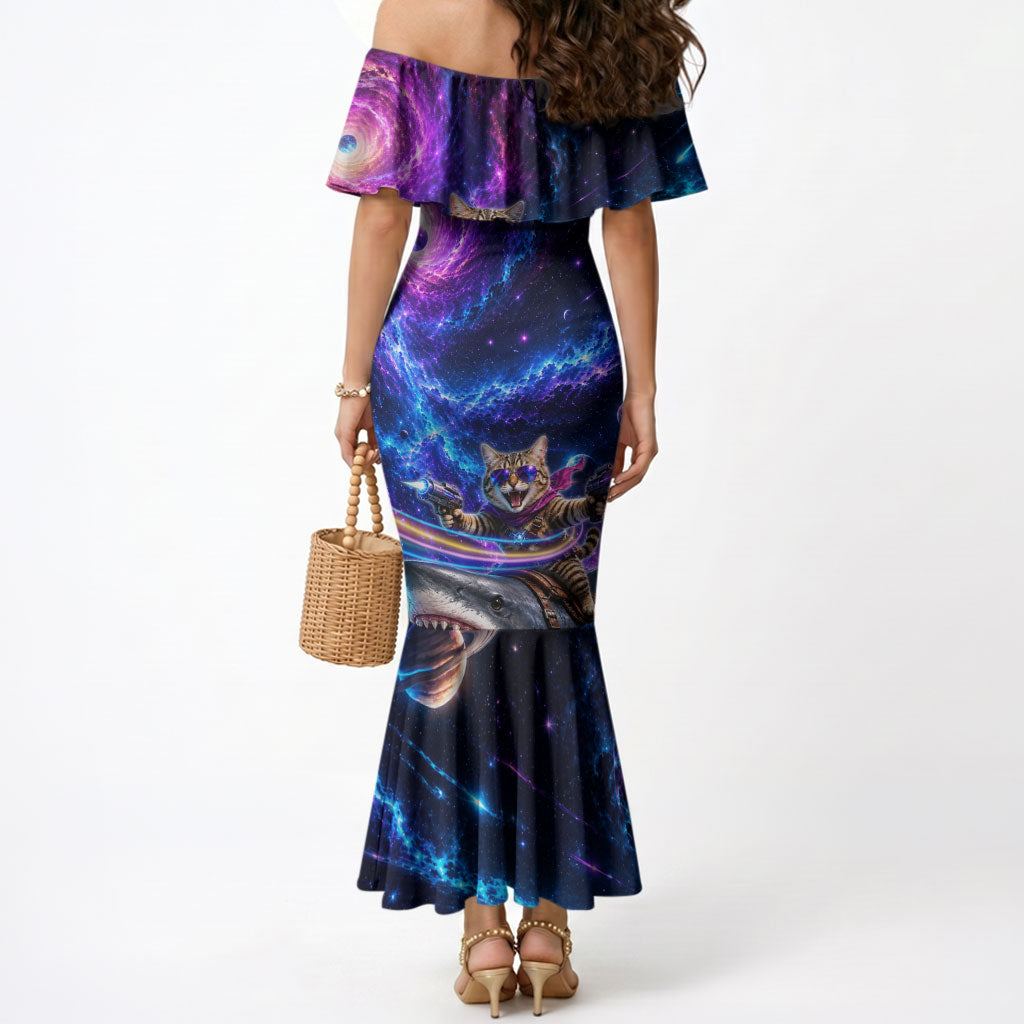 Cat Riding Shark In Space Mermaid Dress Funny Cosmic Laser Cat And Shark Surreal Sci-Fi