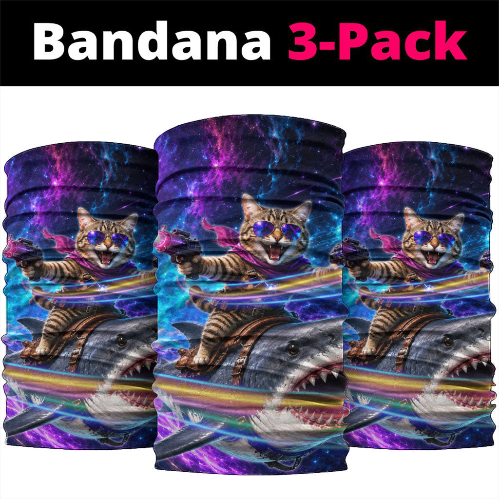 Cat Riding Shark In Space Neck Gaiter Funny Cosmic Laser Cat And Shark Surreal Sci-Fi
