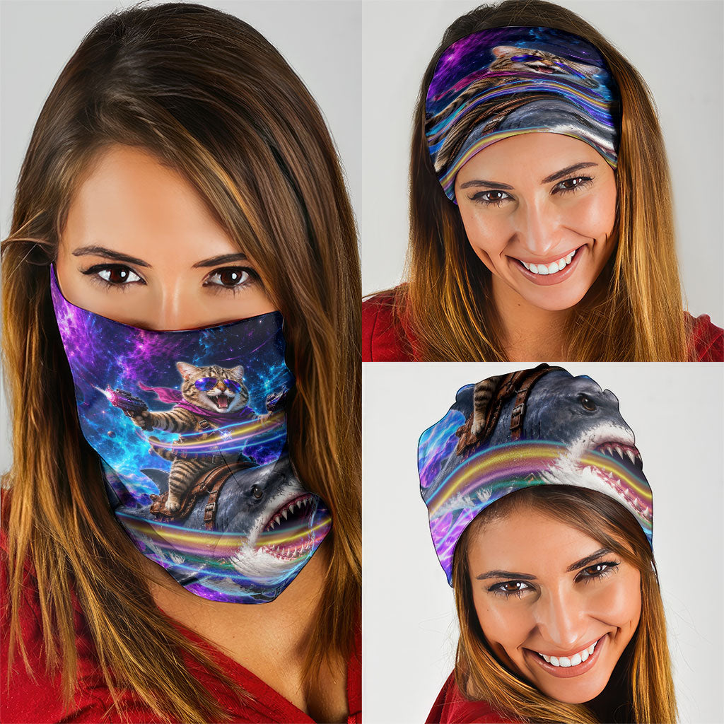 Cat Riding Shark In Space Neck Gaiter Funny Cosmic Laser Cat And Shark Surreal Sci-Fi