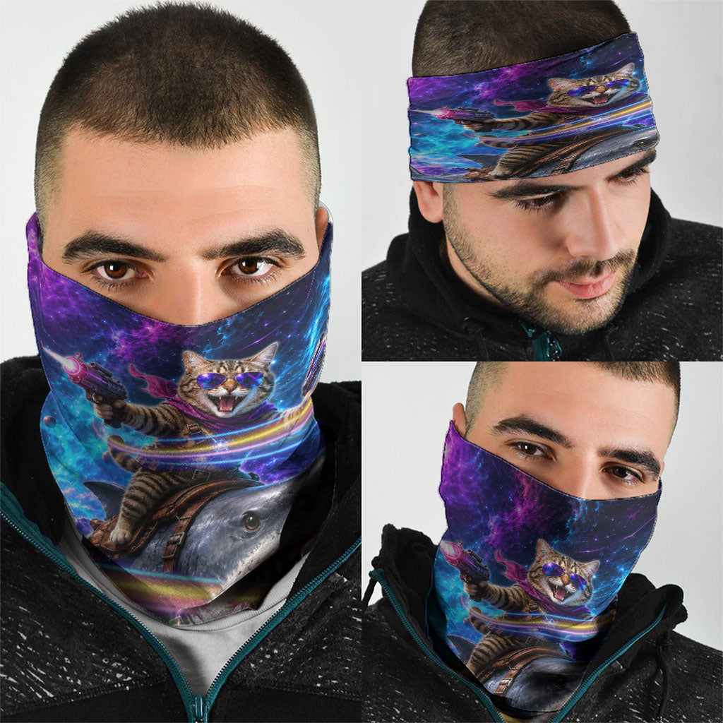 Cat Riding Shark In Space Neck Gaiter Funny Cosmic Laser Cat And Shark Surreal Sci-Fi