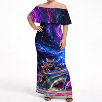 Cat Riding Shark In Space Off Shoulder Maxi Dress Funny Cosmic Laser Cat And Shark Surreal Sci-Fi