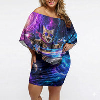 Cat Riding Shark In Space Off Shoulder Short Dress Funny Cosmic Laser Cat And Shark Surreal Sci-Fi