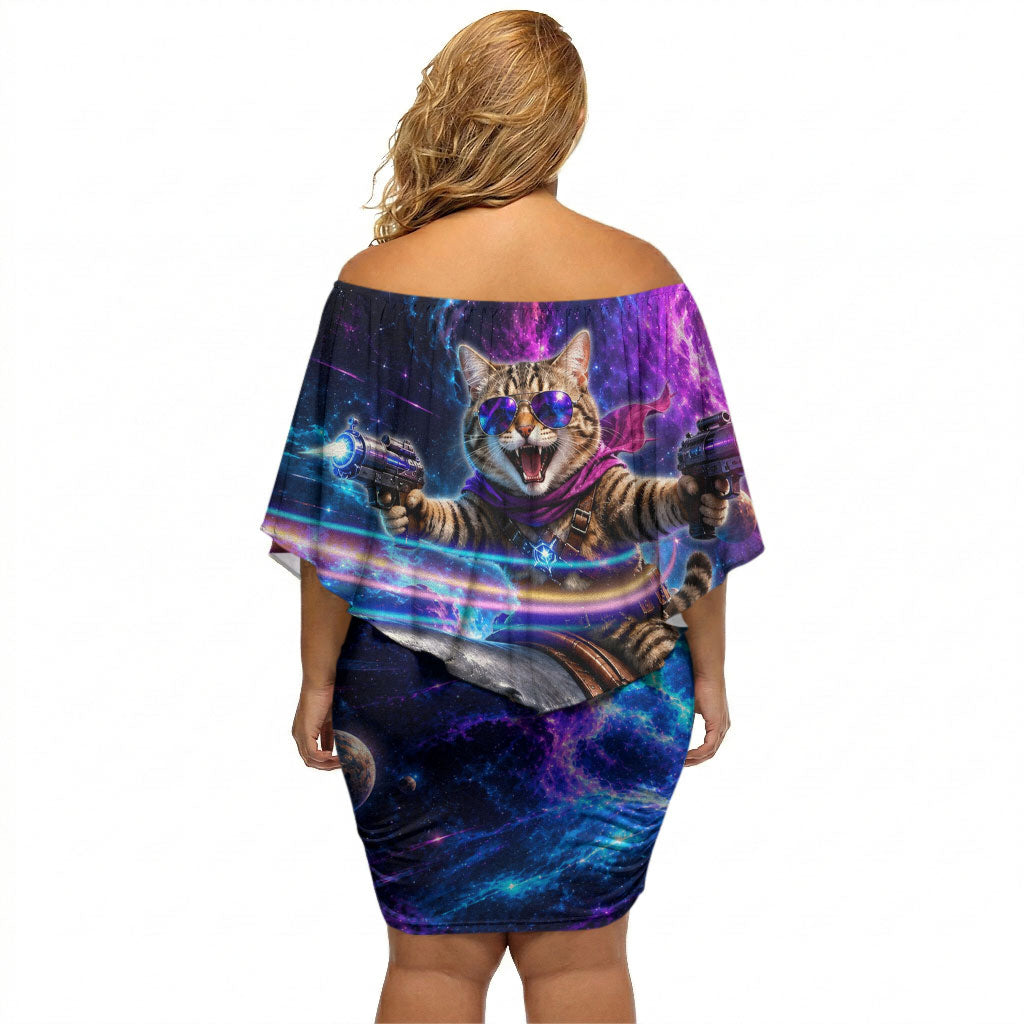 Cat Riding Shark In Space Off Shoulder Short Dress Funny Cosmic Laser Cat And Shark Surreal Sci-Fi