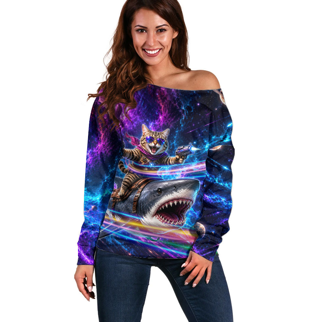 Cat Riding Shark In Space Off Shoulder Sweater Funny Cosmic Laser Cat And Shark Surreal Sci-Fi
