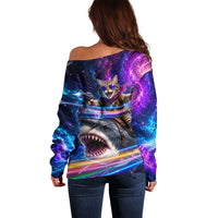 Cat Riding Shark In Space Off Shoulder Sweater Funny Cosmic Laser Cat And Shark Surreal Sci-Fi